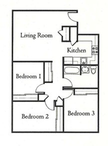 A floor plan of a small apartment with a living room, kitchen, and three bedrooms.